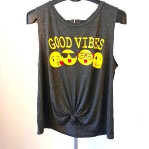 French Pastry GOOD VIBES T-shirt Top Sz XL Gray Sleeveless Emoji Face Smile Kiss